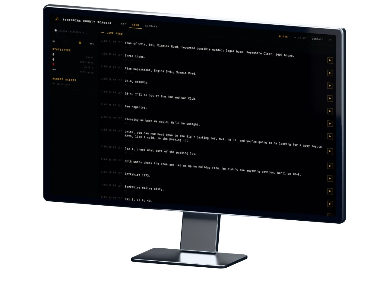 An aluminum desktop display showing the Berkshire County Scanner public transcript feed.