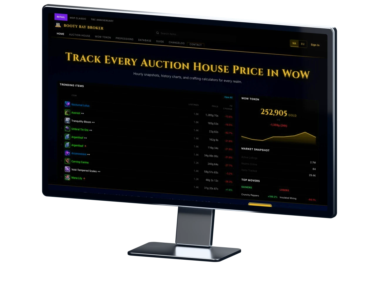 An aluminum desktop display showing BootyBayBroker’s market dashboard and item prices.