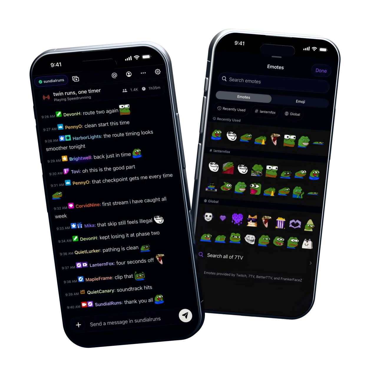 Two titanium iPhones showing Limerino’s native Twitch chat and emote picker.
