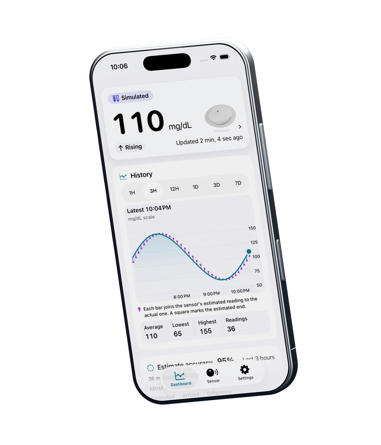 A silver iPhone showing the simulated SteadySignal dashboard, glucose history, and reading age.